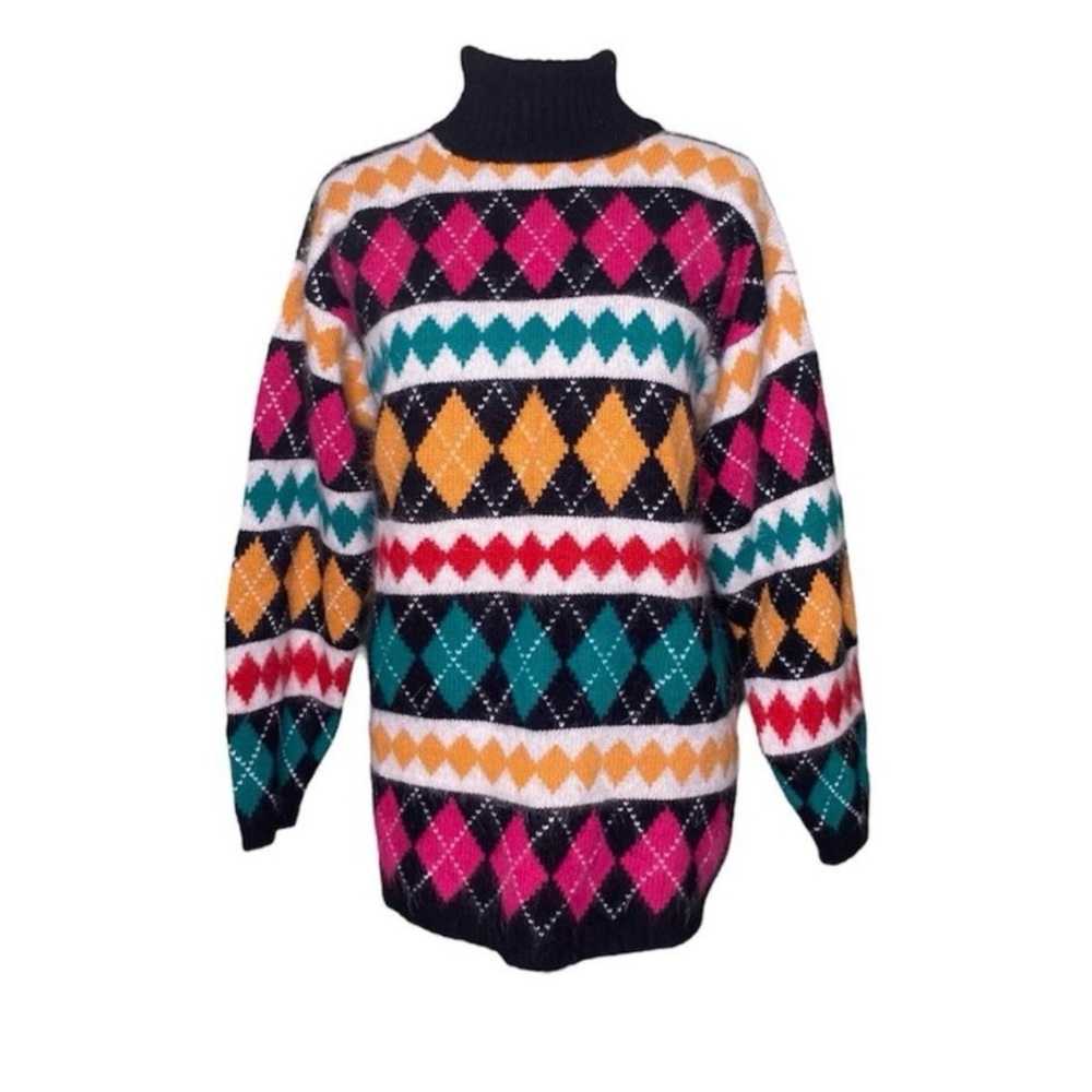 Vintage Casual Corner Argyle Angora Wool Blend Turtleneck Sweater